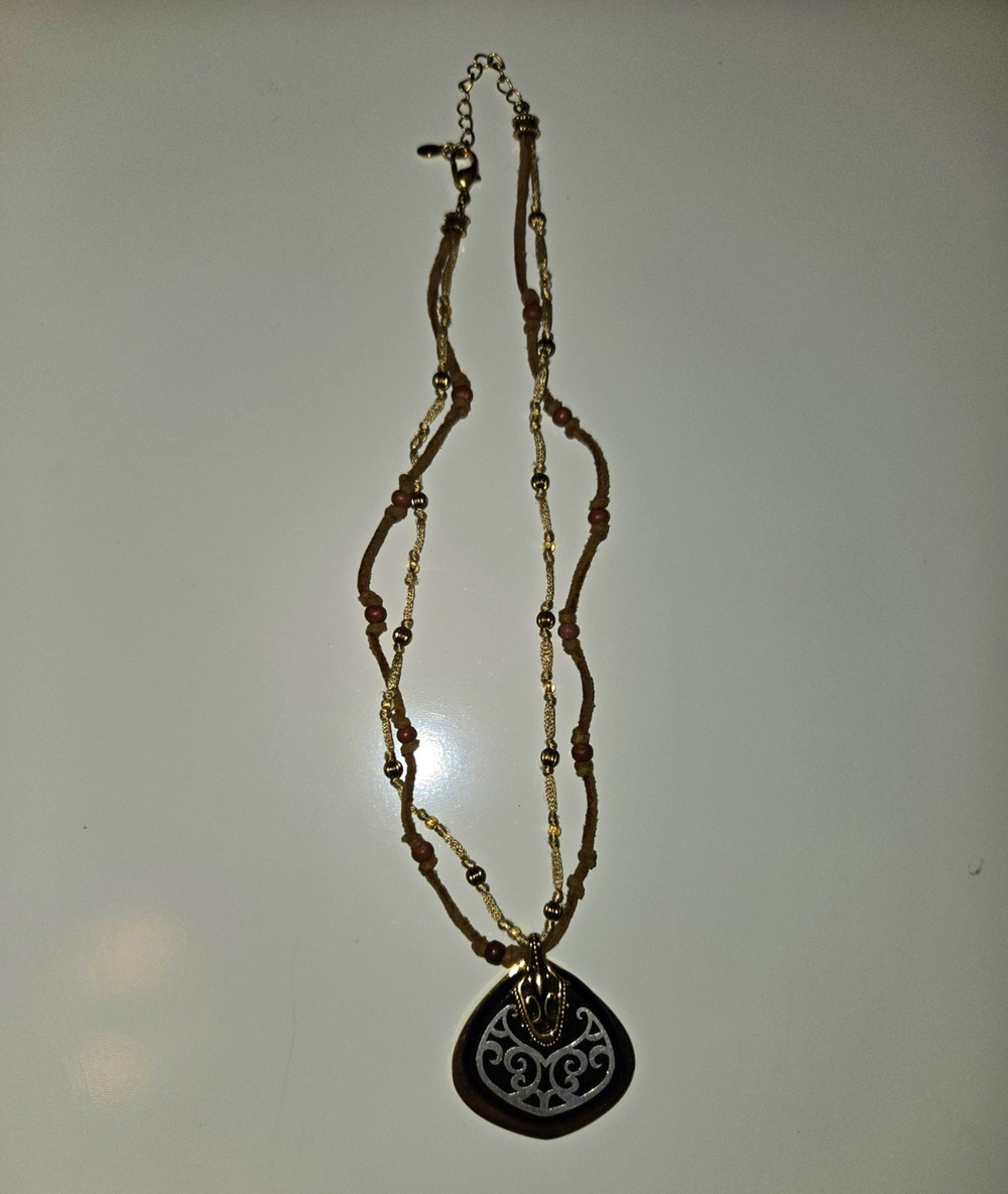 MONET Signed Brown Cord Gold Tone Black Teardrop Scroll Pendant Necklace 18"